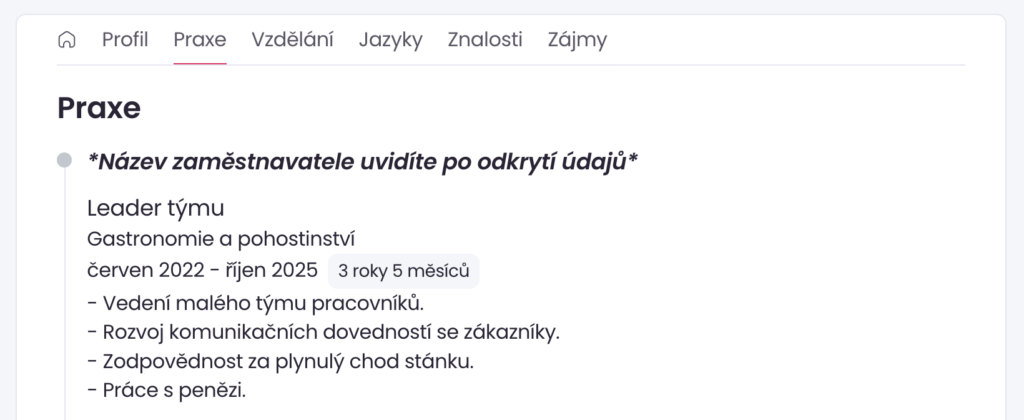 Teamio - Databaze zivotopisu - Cas praxe